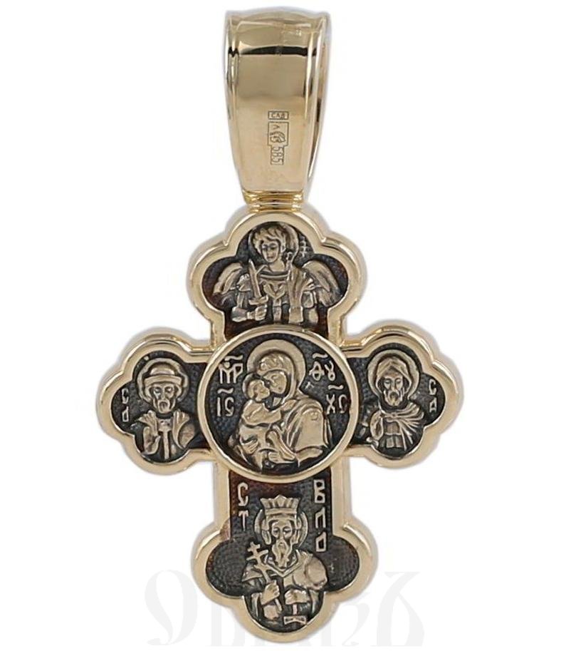 золотой крест трилистник с образами божией матери донская и святых защитников, 585 проба желтого цвета (арт. 40304)